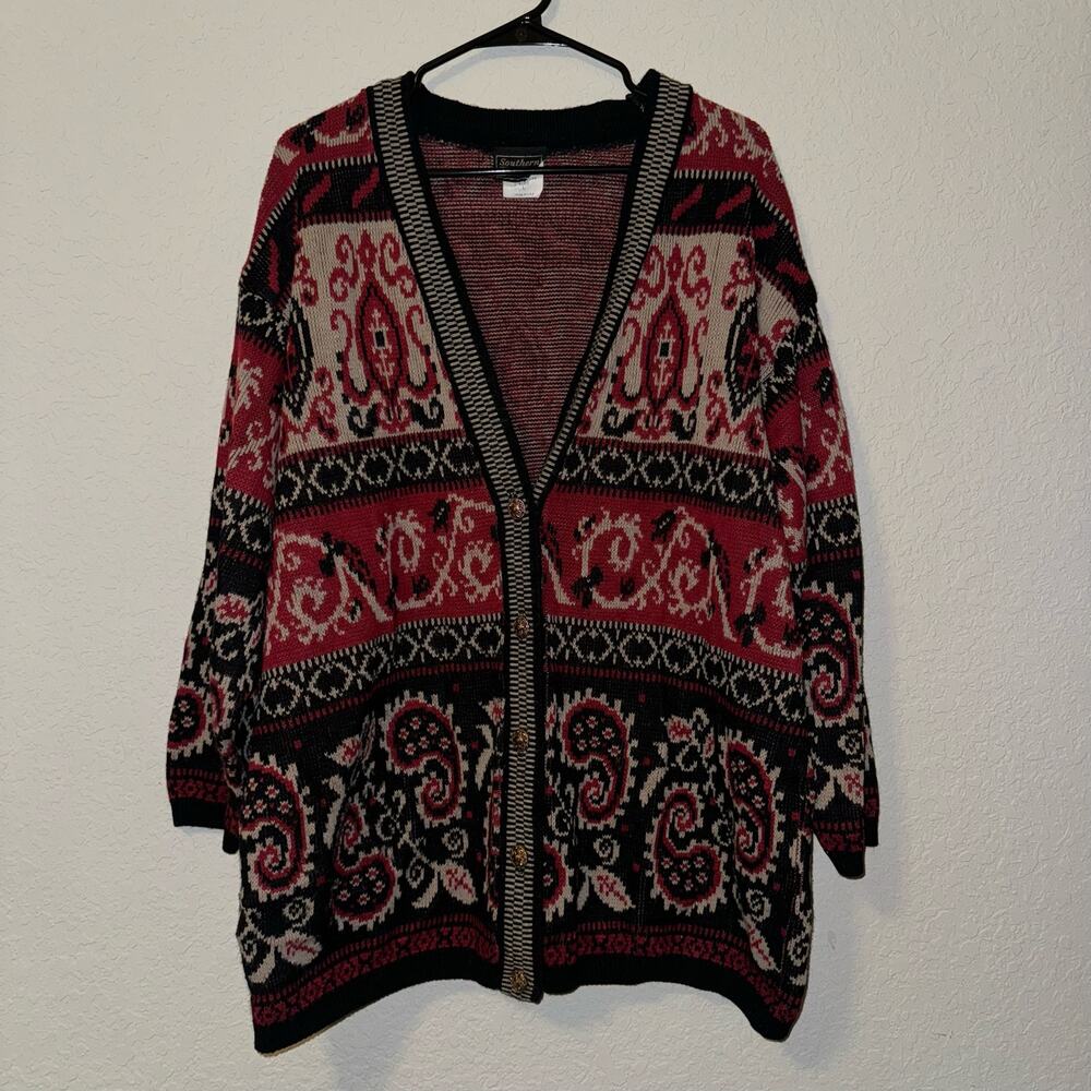 Vintage Southern Lady Women's Button Front Cardigan Sweater Red Pattern Large